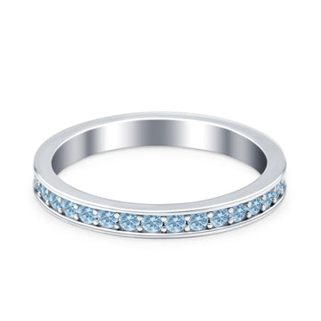 Full Eternity Stackable Band Wedding Ring Simulated Aquamarine CZ 925 Sterling Silver